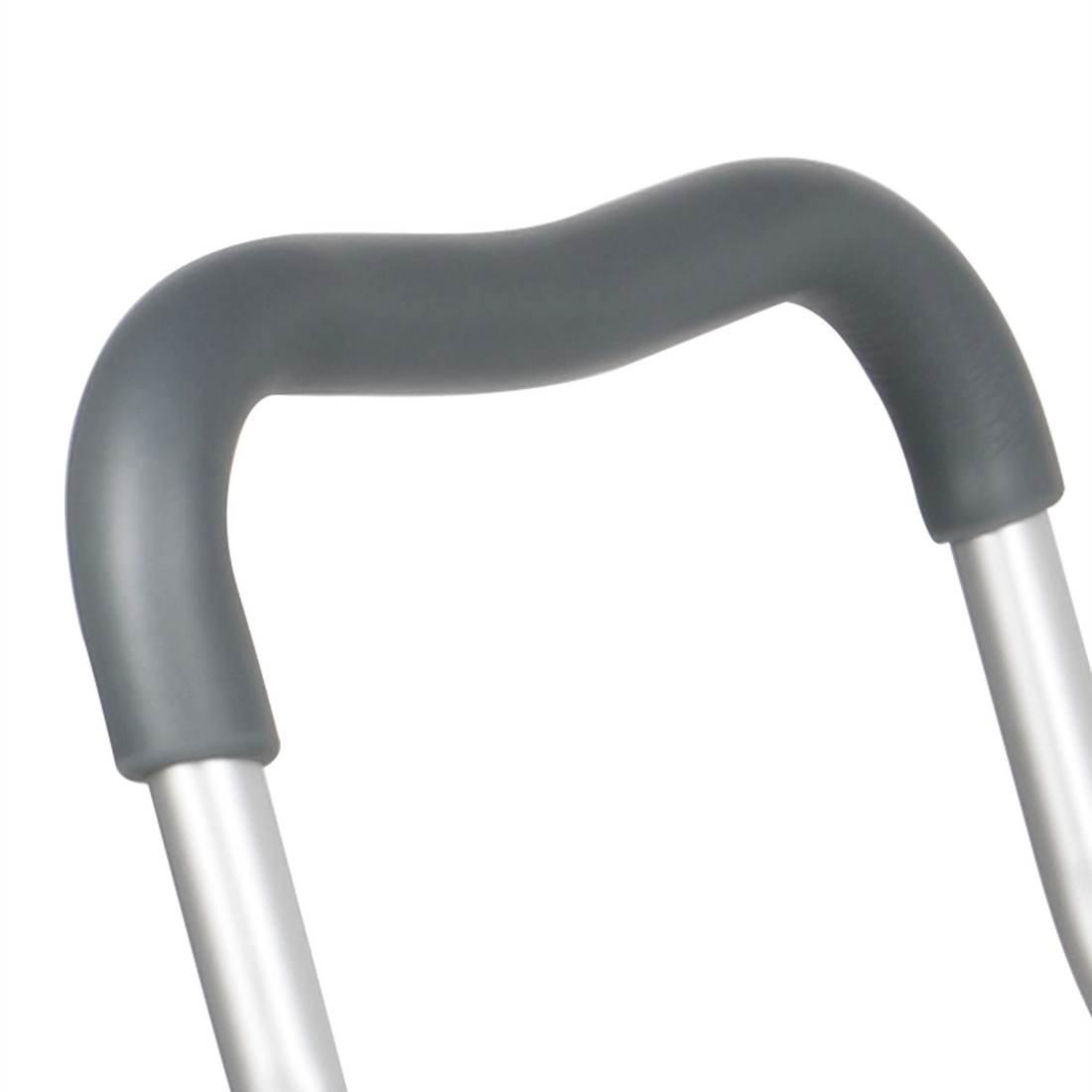 Close-up of the extra-wide shower chair's gray M-shaped armrest, showing the contoured non-slip grip and aluminum support tubes.