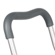 Close-up of the extra-wide shower chair's gray M-shaped armrest, showing the contoured non-slip grip and aluminum support tubes.