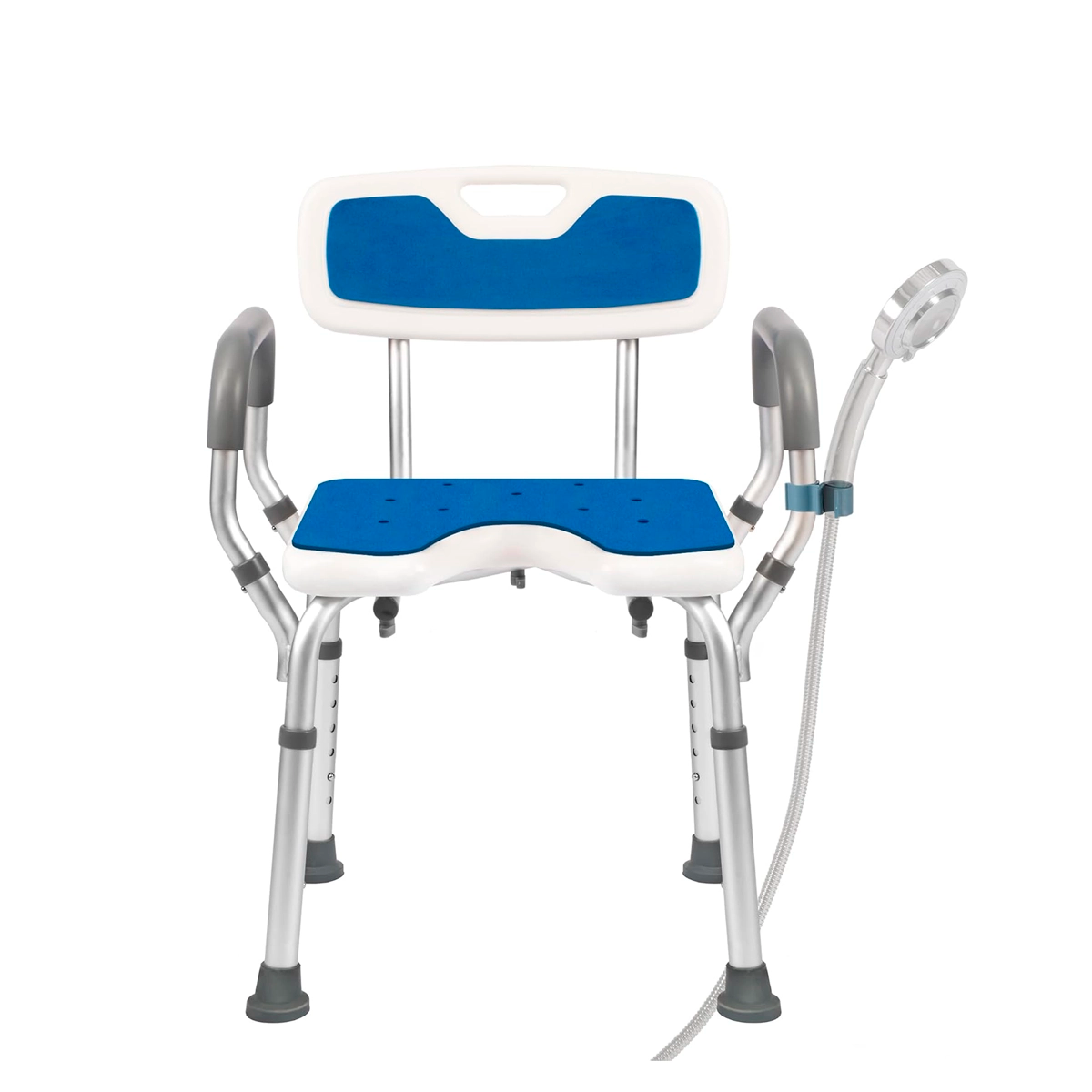 Shower chair with arms and back, blue padded seat and backrest, adjustable aluminum legs, gray armrests, and a handheld shower holder on a white background.