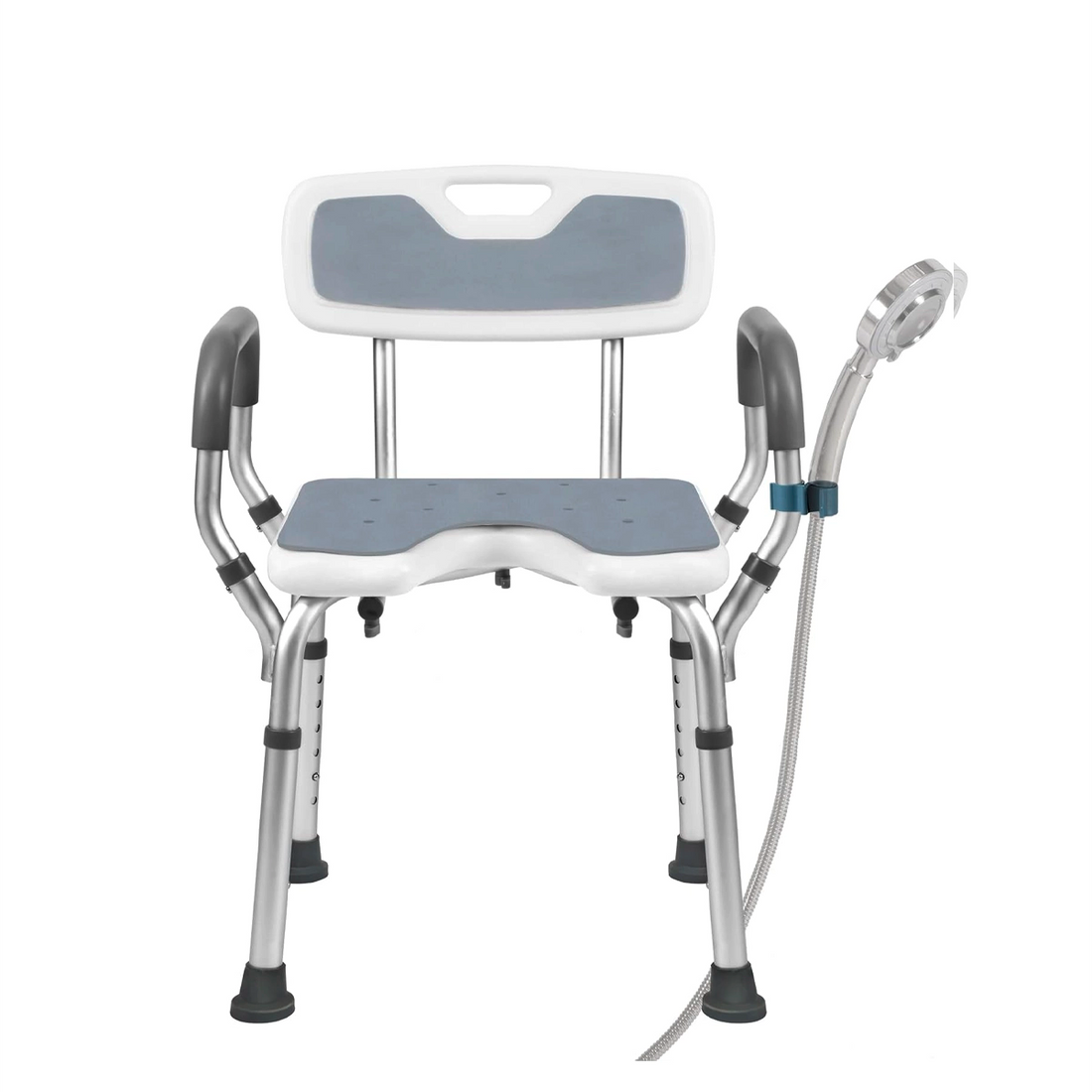 Shower chair with arms and back featuring gray cold-proof EVA pads, adjustable legs, and shower head holder