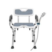Shower chair with arms and back featuring gray cold-proof EVA pads, adjustable legs, and shower head holder