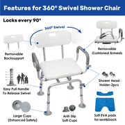 Swivel shower chair feature infographic showing 360-degree rotation, removable backrest and armrests, swivel release pin, two types of non-slip feet, shower head holders, and blue EVA pads.