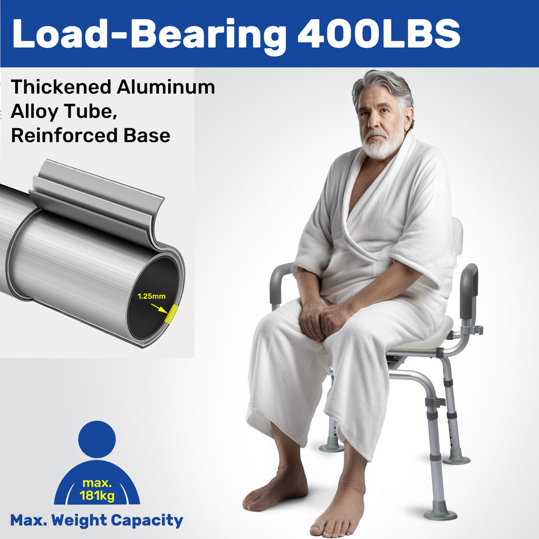 Older man seated on a white swivel shower chair, with a close-up of the reinforced aluminum tubing and a graphic highlighting the heavy-duty frame.