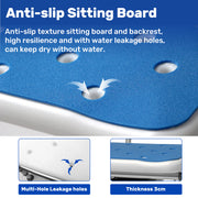 Close-up of the swivel shower chair's textured blue seat pad, showing drainage holes, the white seat underneath, and the padded seat thickness.
