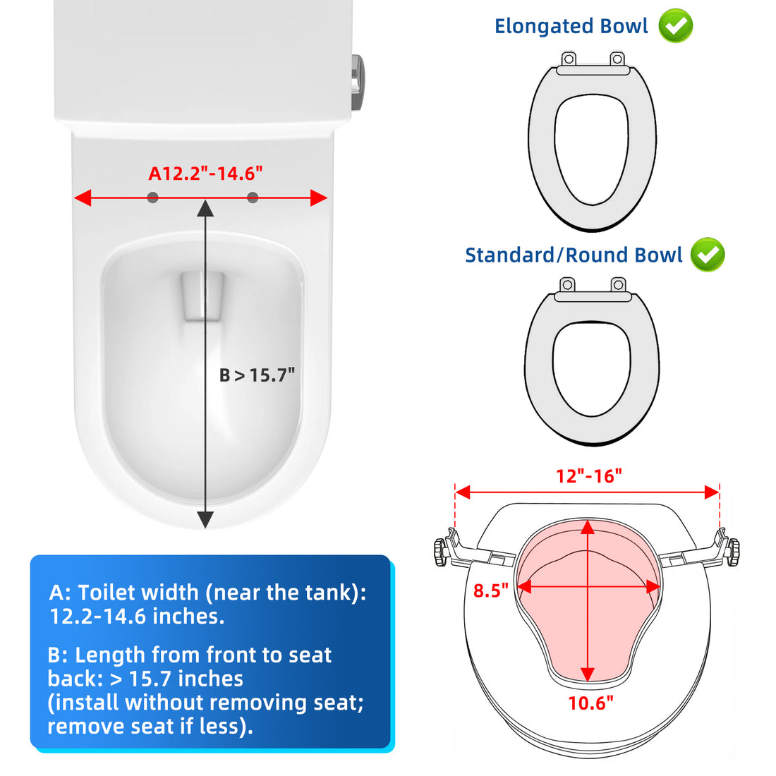 Raised toilet seat compatibility guide showing round and elongated toilet bowls, required toilet measurements, adjustable side brackets, and the seat opening dimensions.