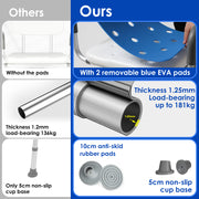 Comparison infographic showing the swivel shower chair's removable blue EVA pads, reinforced aluminum tubing, and large suction cup feet beside conventional shower chair features.