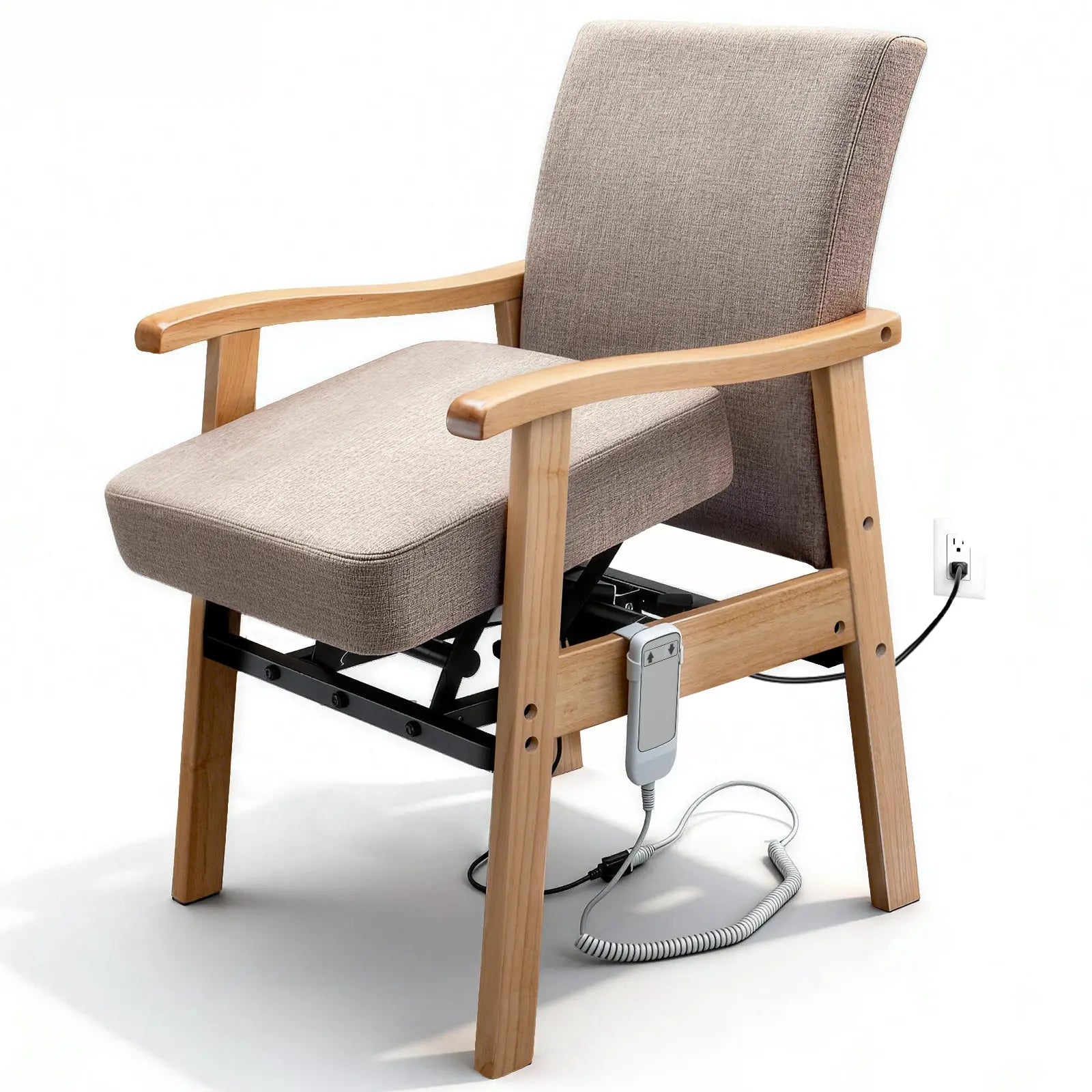 Wooden power lift assist chair with gray fabric upholstery, padded armrests, raised seat, under-seat lifting mechanism, and wired handheld controller on a white background.