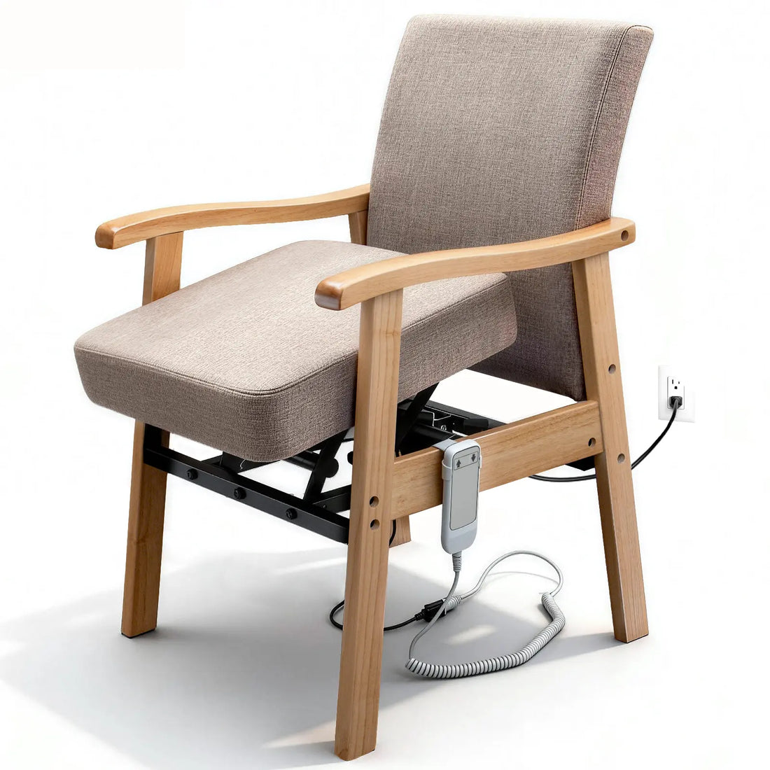 Wooden power lift assist chair with gray fabric upholstery, padded armrests, raised seat, under-seat lifting mechanism, and wired handheld controller on a white background.