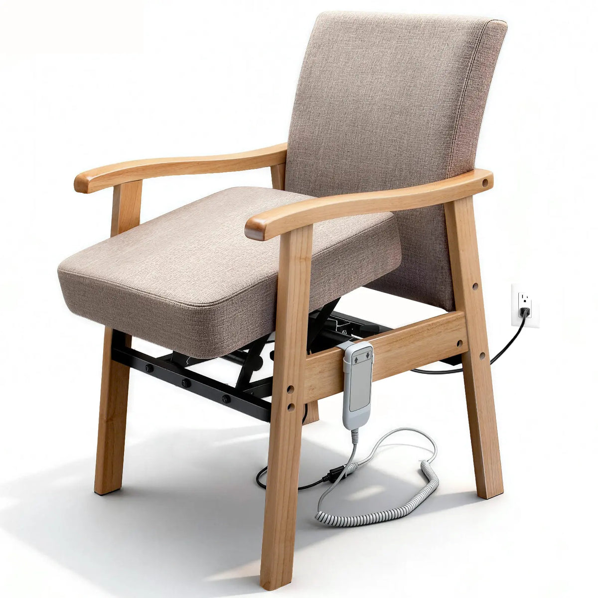 Wooden power lift assist chair with gray fabric upholstery, padded armrests, raised seat, under-seat lifting mechanism, and wired handheld controller on a white background.