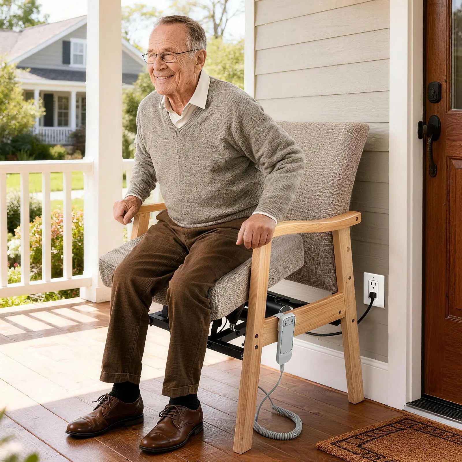 Older man using a wooden power lift assist chair on a porch, with the padded seat raised and a wired handheld controller beside the chair.