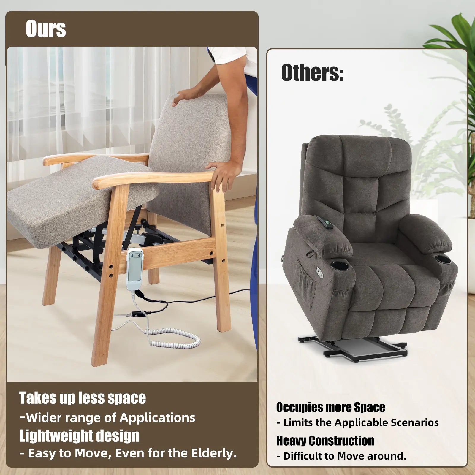 Comparison graphic showing a compact wooden power lift assist chair beside a traditional bulky lift recliner, highlighting the smaller footprint and lightweight design.