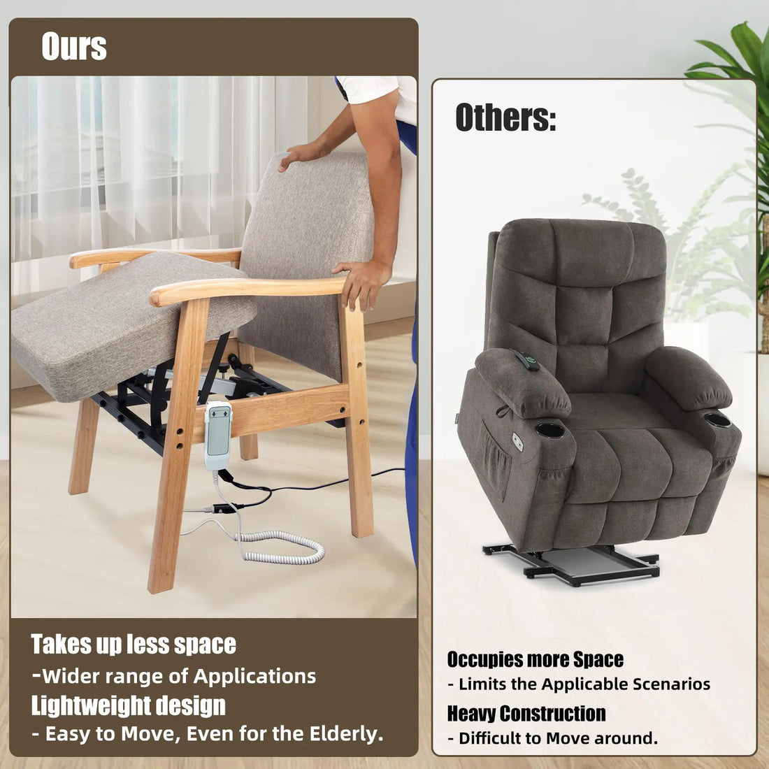Comparison graphic showing a compact wooden power lift assist chair beside a traditional bulky lift recliner, highlighting the smaller footprint and lightweight design.