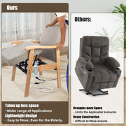 Comparison graphic showing a compact wooden power lift assist chair beside a traditional bulky lift recliner, highlighting the smaller footprint and lightweight design.