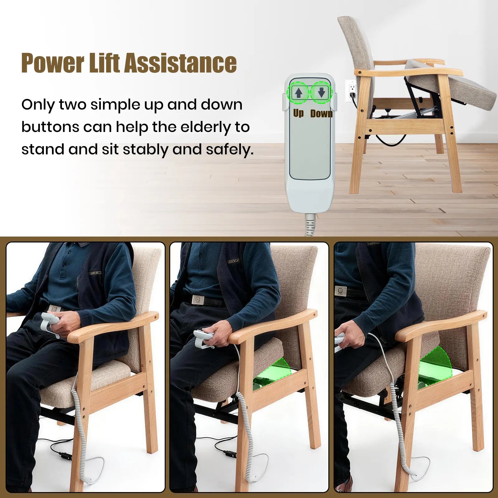 Power lift assistance infographic showing the two-button UP and DOWN controller, raised chair seat, and three stages of an older adult moving from sitting to standing.