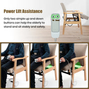 Power lift assistance infographic showing the two-button UP and DOWN controller, raised chair seat, and three stages of an older adult moving from sitting to standing.