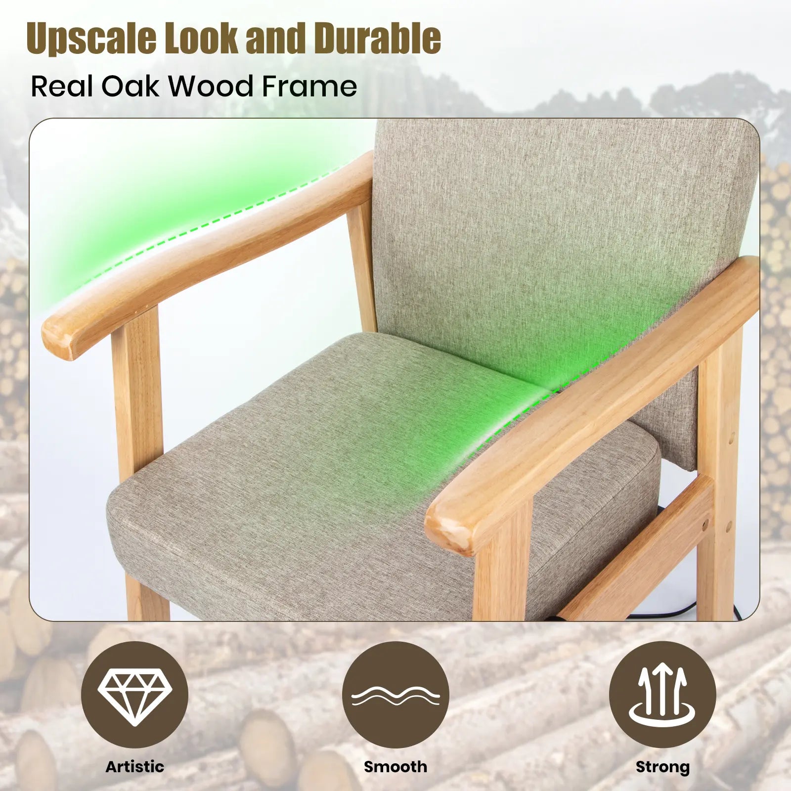 Close-up of the wooden power lift assist chair's oak wood frame and armrests, with gray fabric upholstery and a padded seat.