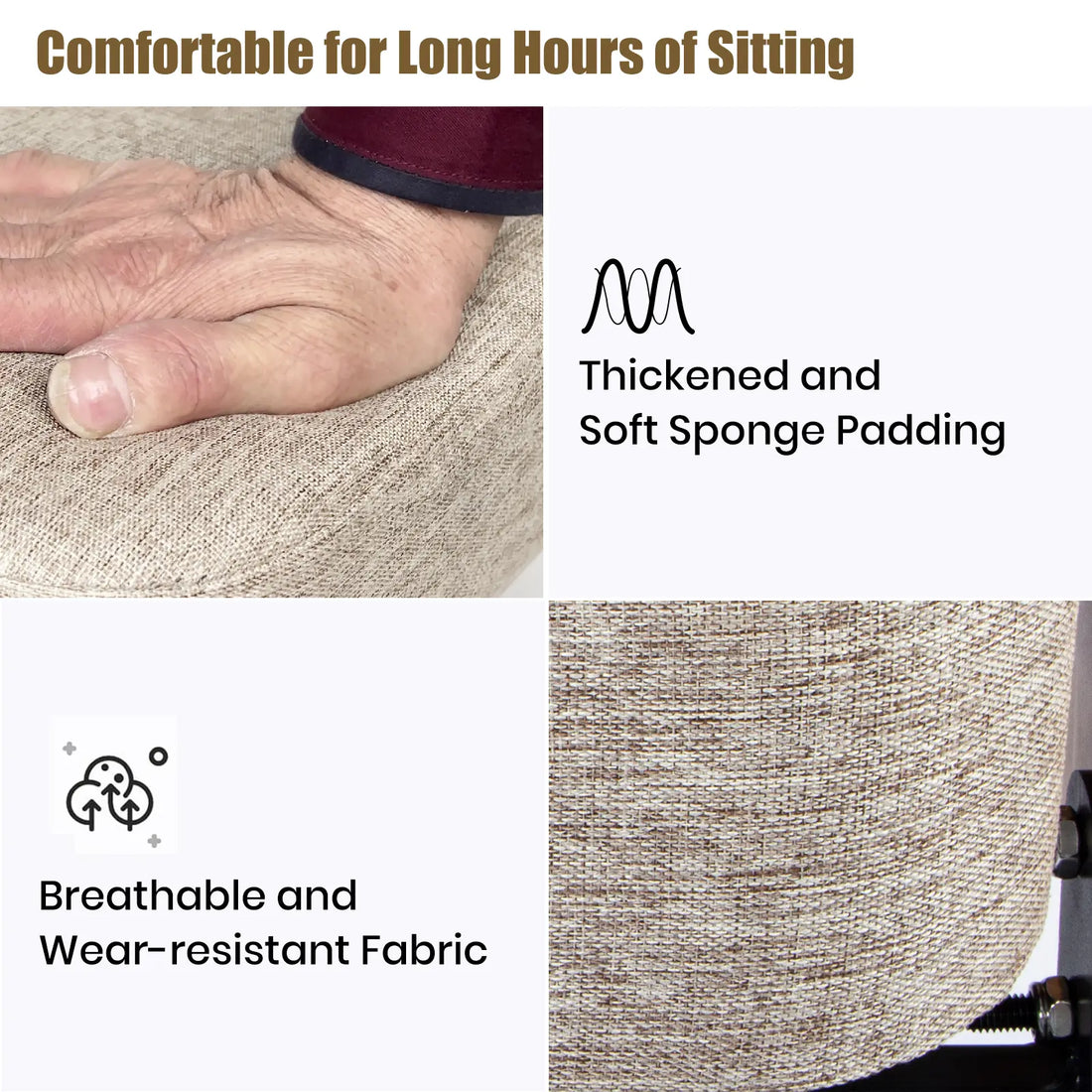 Close-up of a hand pressing the wooden lift chair's thick padded cushion, alongside a detailed view of the breathable gray fabric upholstery.