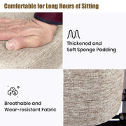 Close-up of a hand pressing the wooden lift chair's thick padded cushion, alongside a detailed view of the breathable gray fabric upholstery.
