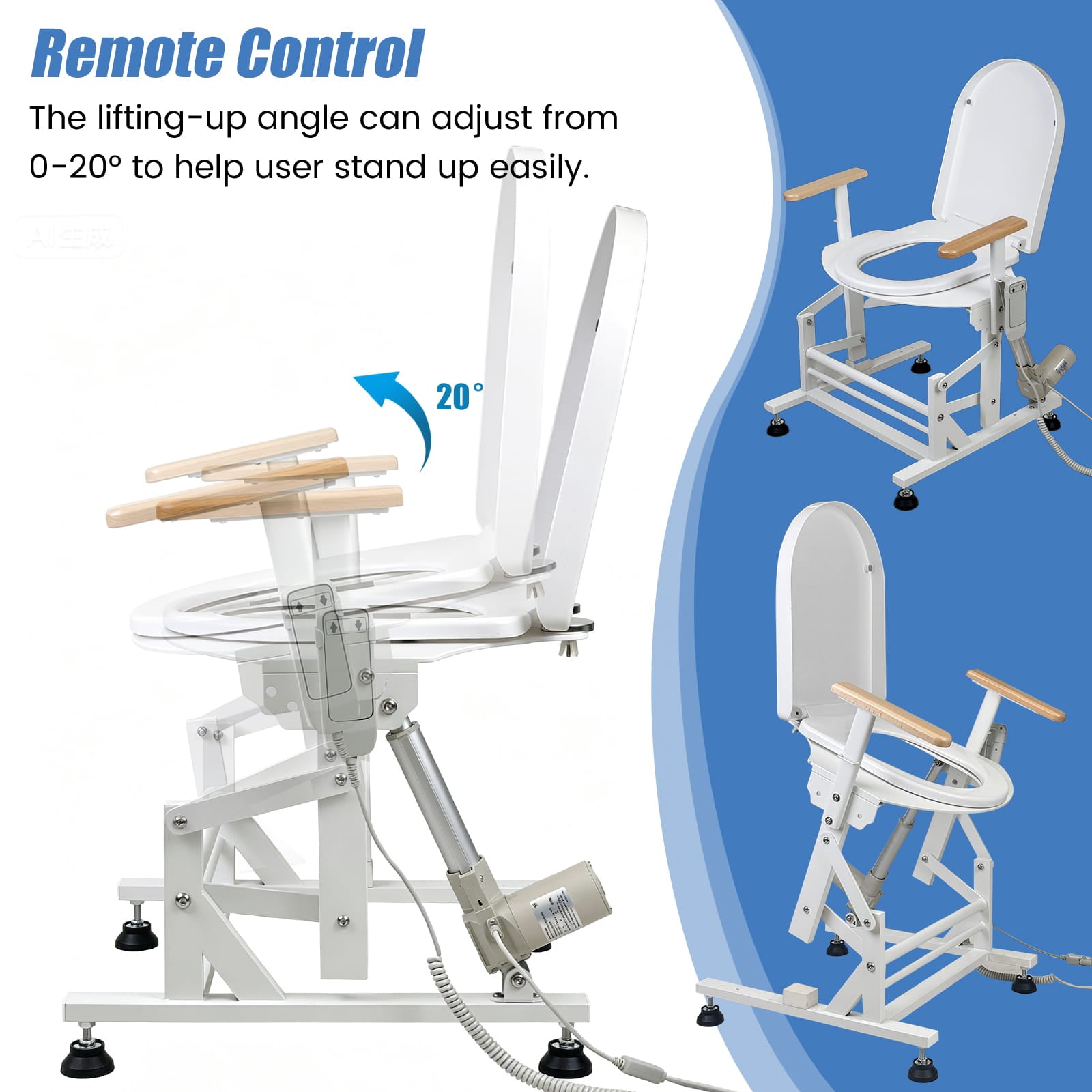 Electric toilet lift seat with remote-controlled lifting angle for assisted sit-to-stand support