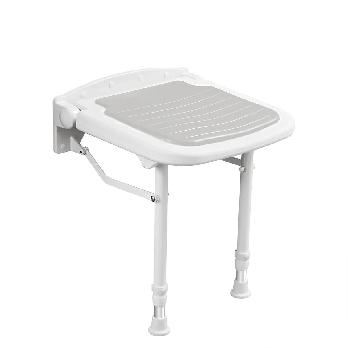 White wall-mounted folding shower seat with a gray non-slip cushion, reinforced wall plate, folding support arms, and two adjustable legs.