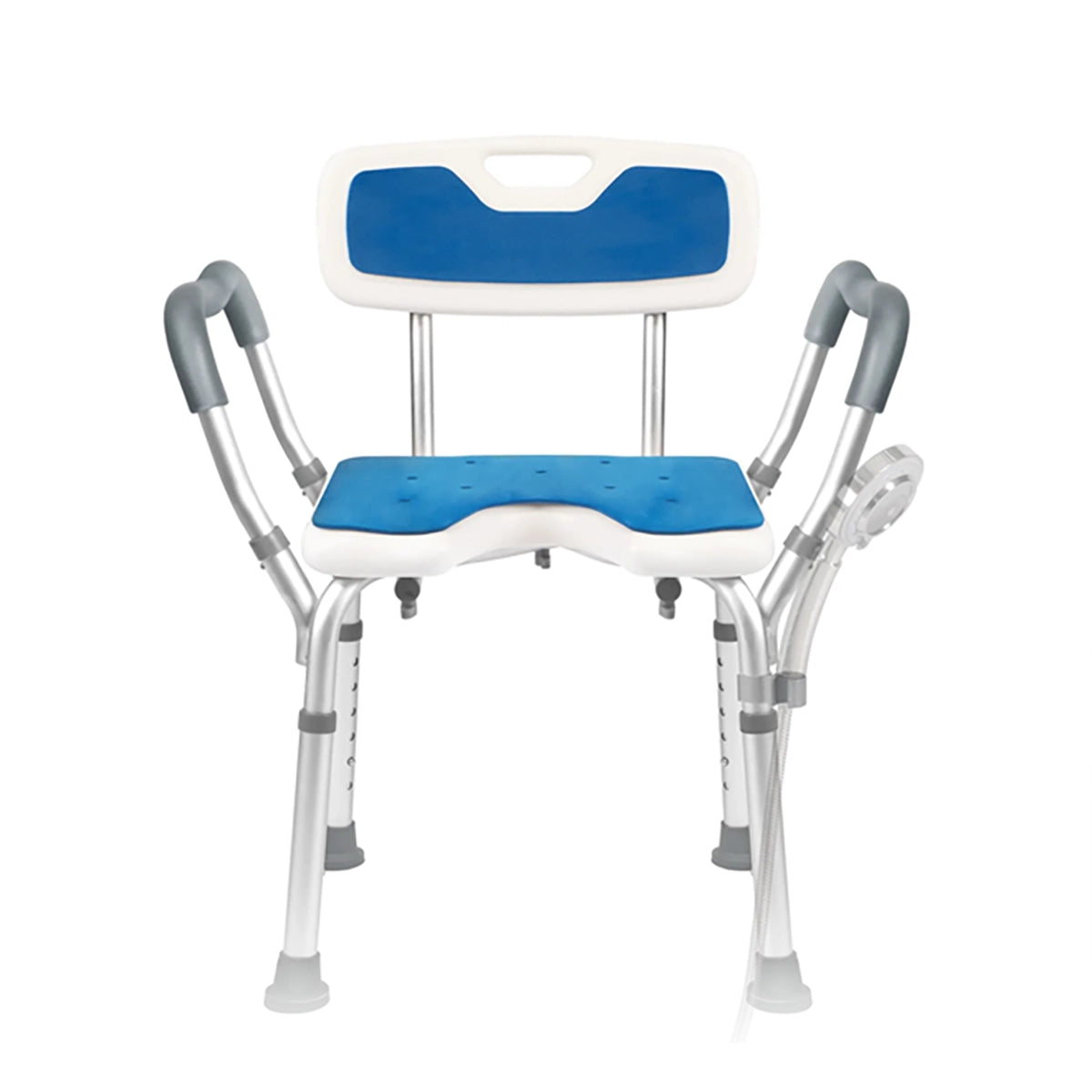 Extra-wide shower chair with blue padded seat and backrest, M-shaped armrests, U-shaped seat cutout, adjustable aluminum legs, and shower head holder.