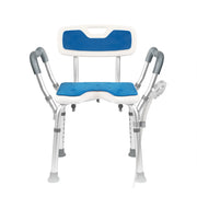 Extra-wide shower chair with blue padded seat and backrest, M-shaped armrests, U-shaped seat cutout, adjustable aluminum legs, and shower head holder.