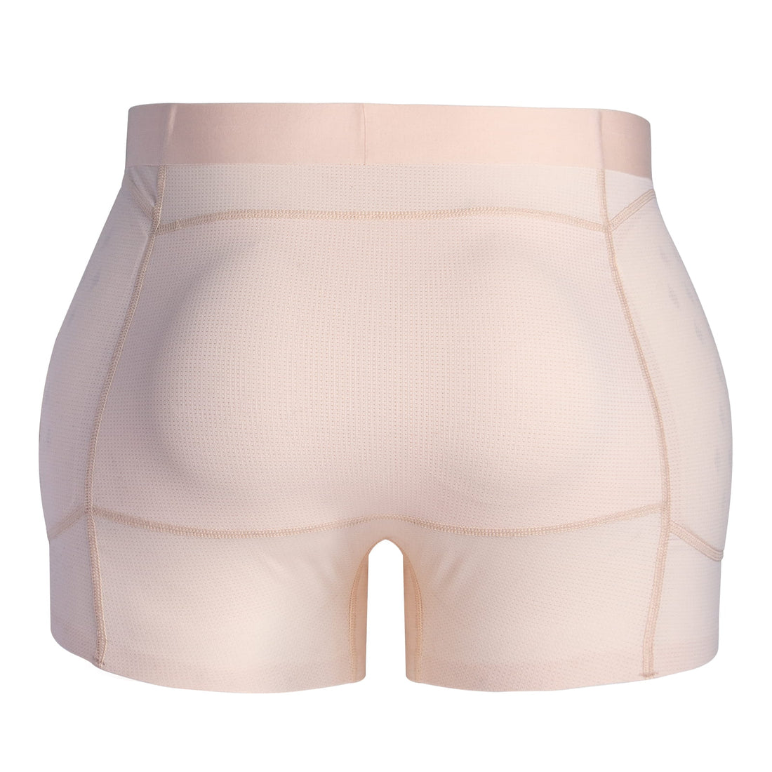 Rear view of beige hip protector underwear for seniors, showing the back panel, integrated hip pads, and reinforced seams.