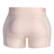 Rear view of beige hip protector underwear for seniors, showing the back panel, integrated hip pads, and reinforced seams.