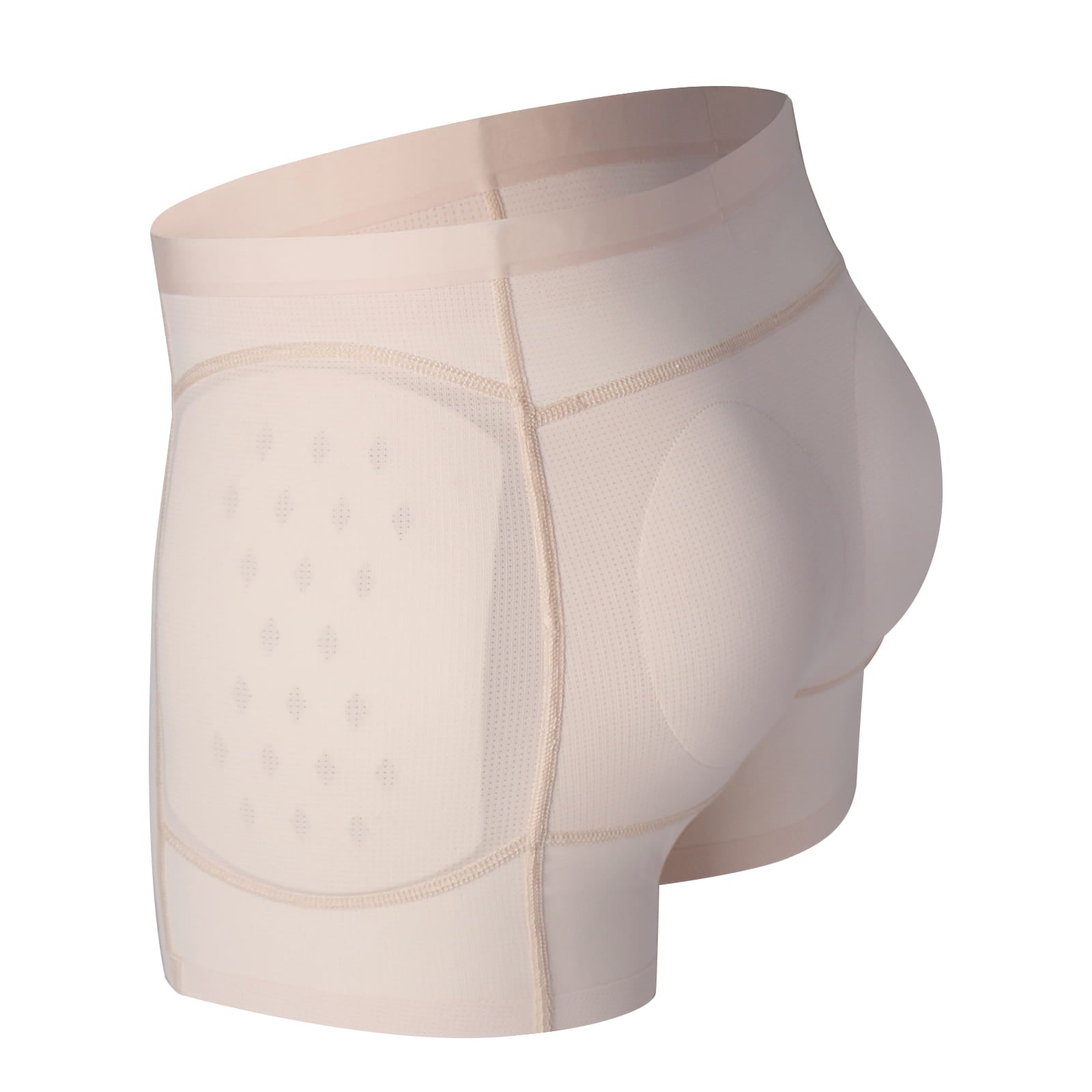 Beige hip protector underwear shown from the side, highlighting the perforated hip protection pad, contoured front panel, and wide waistband.