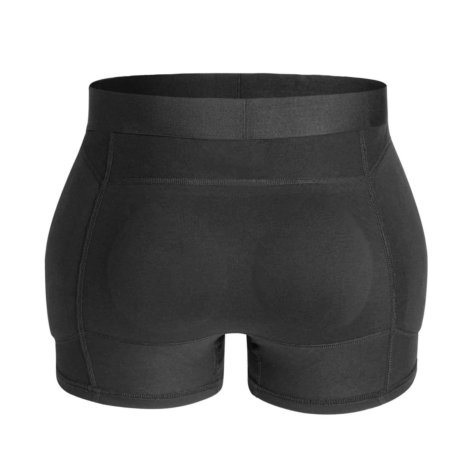 Rear view of black hip protector underwear, showing the boxer-style fit, sewn-in side padding, and reinforced stitching.