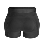 Rear view of black hip protector underwear, showing the boxer-style fit, sewn-in side padding, and reinforced stitching.