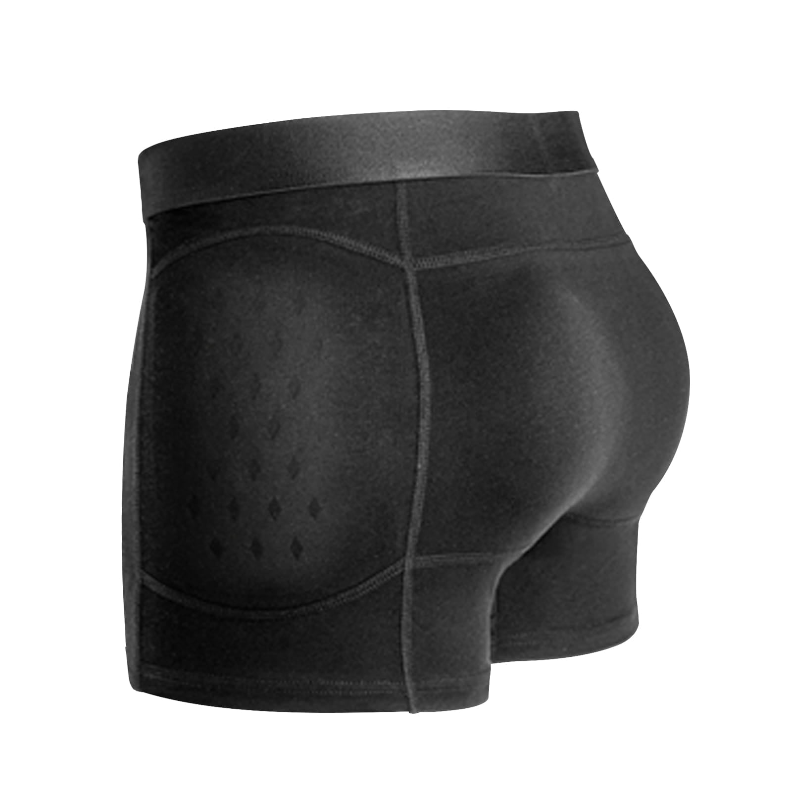 Side view of black hip protector underwear, highlighting the perforated protective hip pad, contoured fit, and integrated padding coverage.