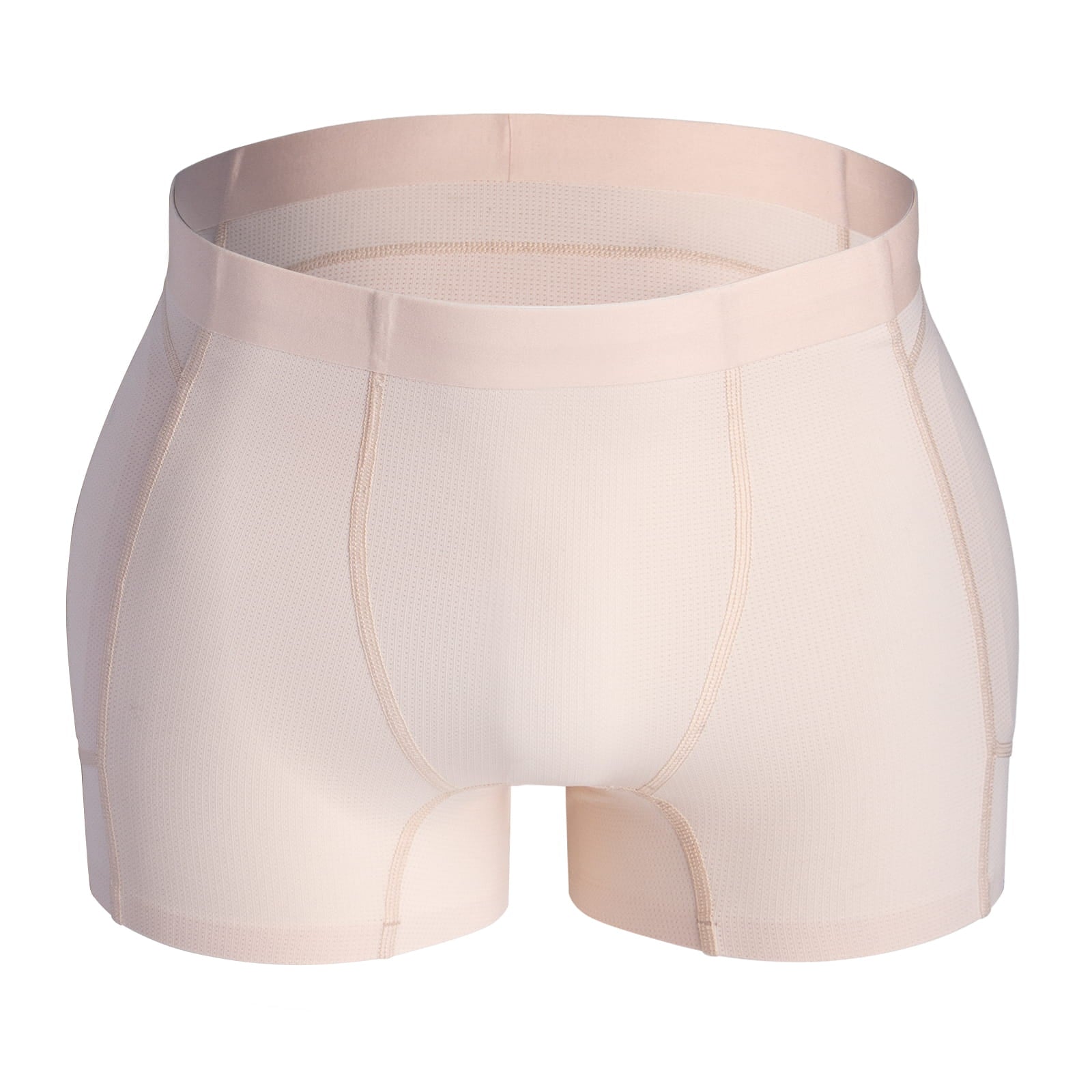 Beige hip protector underwear for seniors, front view, with a wide waistband, boxer-style legs, and integrated side padding.